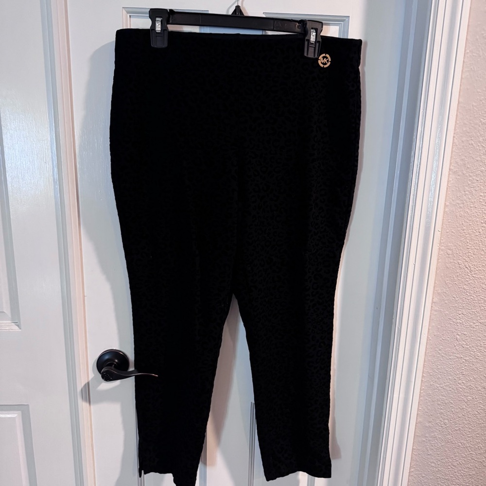 Michael Kors Black Leopard Textured Pants XL Stretch Slim‎ Ankle